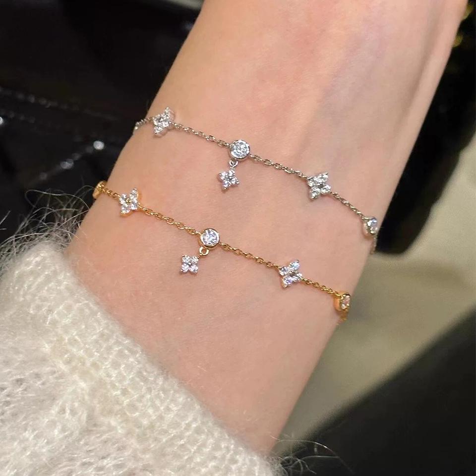ZAKOL Shiny Zircon Inlaid Four-leaf Flowers Chain Bracelet for Women Niche Simple Desgin Stacked Bracelets Party Accessories