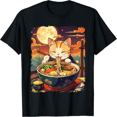 Cat Ramen Japanese Funny Graphic Kawaii Cat Anime Ukiyo-e T-Shirt(1)