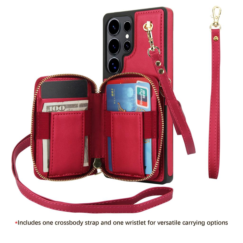 Zipper Wallet Case for Samsung S25 Ultra S24 Plus S23 A16 A55 A15 A35 RFID Blocking Crossbody Purse with Card Slots Wrist Strap
