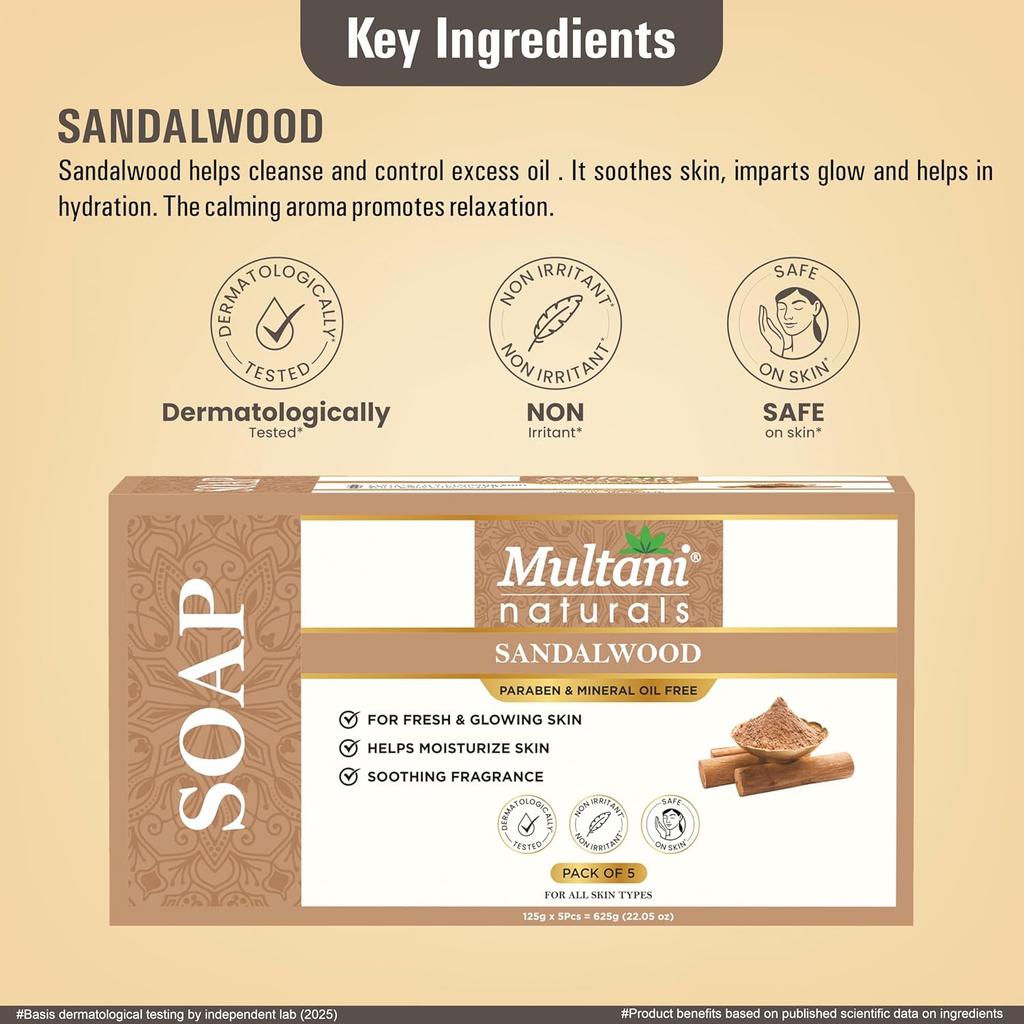 Multani Natural Sandalwood Ayurvedic Soap Bars Pack Of 5 Pcs Deep Cleansing Bath Soap For Hydrated Smooth Skin All Types