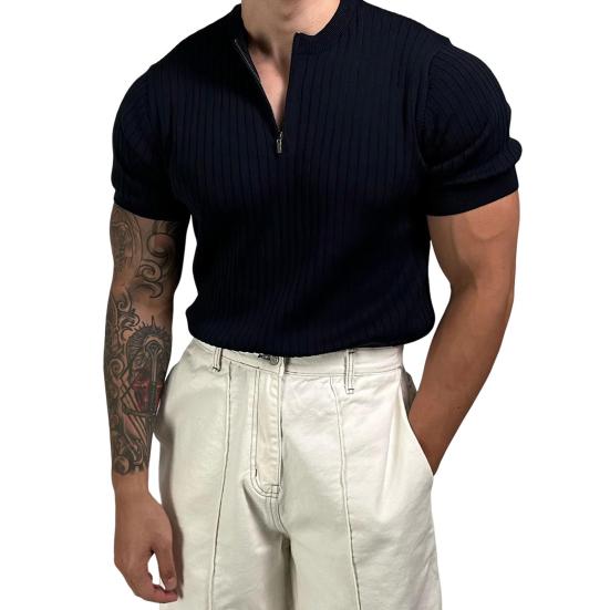 

Мужская футболка с круглым вырезом, повседневная однотонная футболка с коротким рукавом, с застежкой-молнией на половину длины, с драпировкой, базовая футболка, летний топ для занятий спортом, в спортзале, для путешествий, офиса, повседневной носки M чёрн