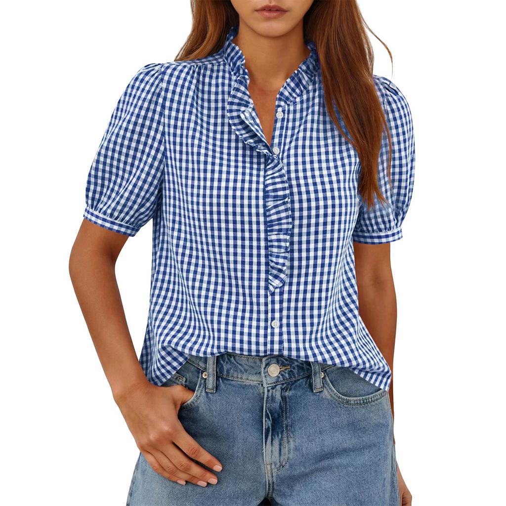 Damska Modna Koszulka T-shirt Top w Kratkę z Dekoltem V na Guziki, Codzienny, Lekki, Krótki Rękaw, z Falbanką