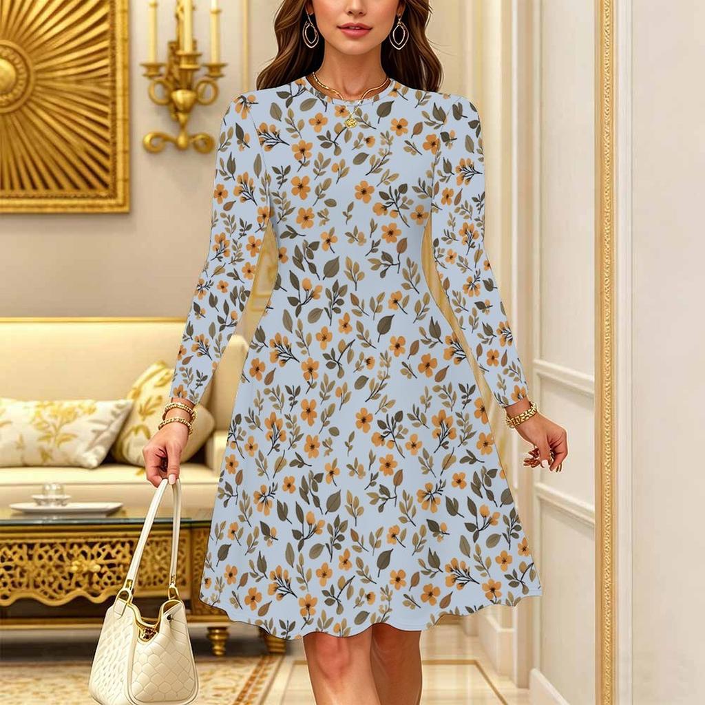 Women Long Sleeve Round Neck Midi Dress Abstract Watercolor Dot Floral Print Flared Casual Dress