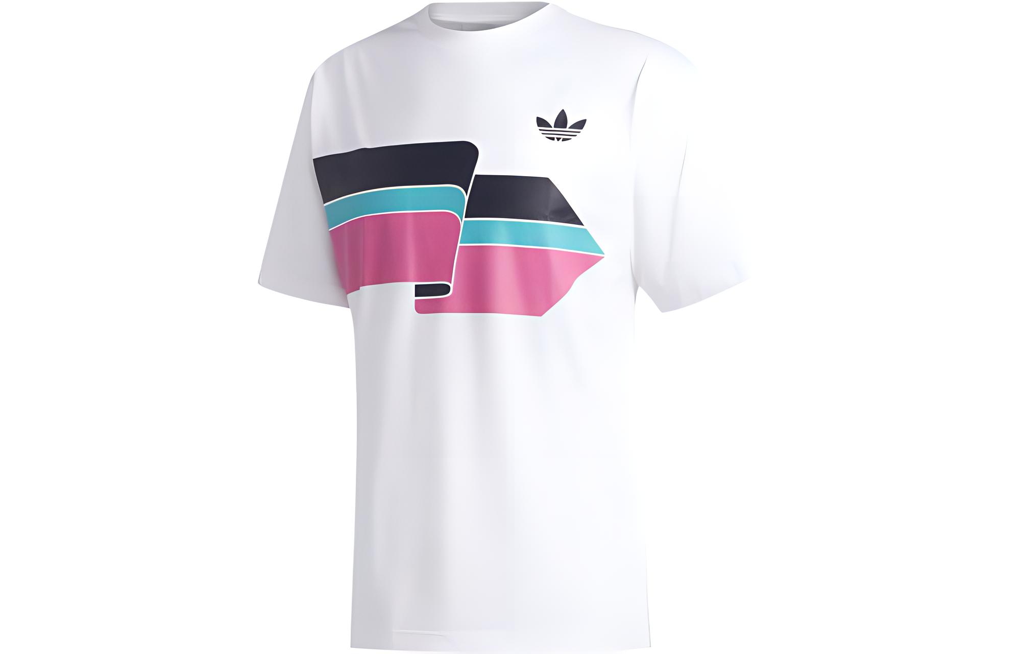 Adidas Originals T Shirts Men s White Pink Crew Neck Moderate Straight Fit FM1531 S