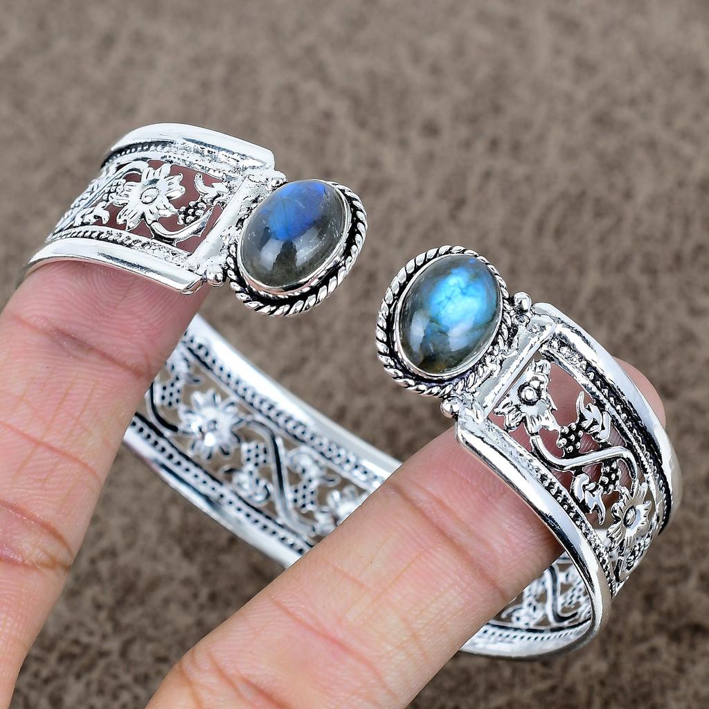 Labradorite Gemstone Handmade 925 Sterling Silver Cuff Bangle Adjustable KKG-769