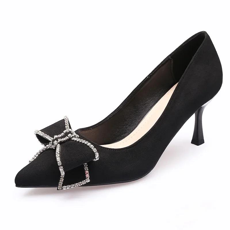 Fashion Versatile New Single Shoes Autumn and Winter  Sexy Pointy Rhinestone Black Mature Women's Thin Heels High-heel Zapatos Mujer
