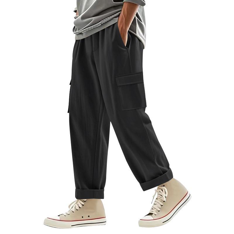 Men's Linen Four-season Thin Breathable Tooling Multi-pocket Loose Casual Trend Wide-leg Trousers