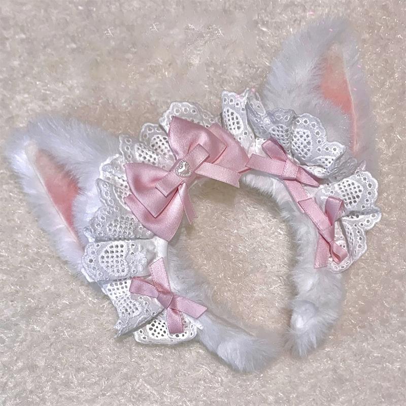 Süßes Plüsch-Ohren-Haarband Japanische Süße Spitze Schleife Lolita Stirnband Haarschmuck