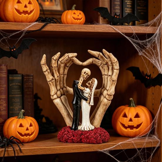 Huaqianguhh Skeleton Couple And Hand Ornament, with Rose Base, Durable Resin Gothic Skull Wedding Decor, for Halloween Decoration