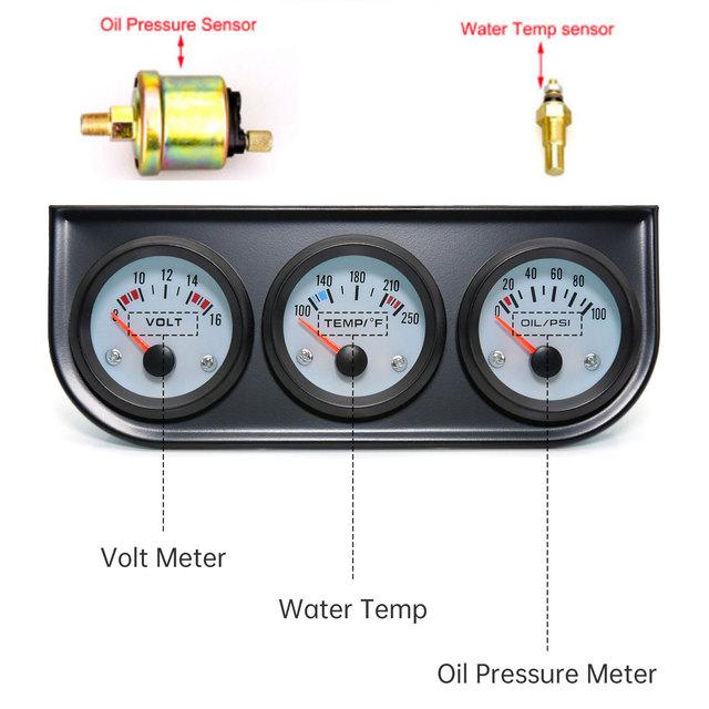 

52MM 3 In 1 Oil Pressure Gauge + Volt meter + water temp gauge Kit Volt meter with sensor Oil Temperature Gauge Triple Meter