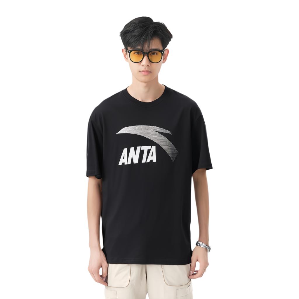 Anta Knitted Pullover Comfortable Casual Round Neck Short Sleeve T-Shirt Men Tops Basic-Black Silver 952428112-5