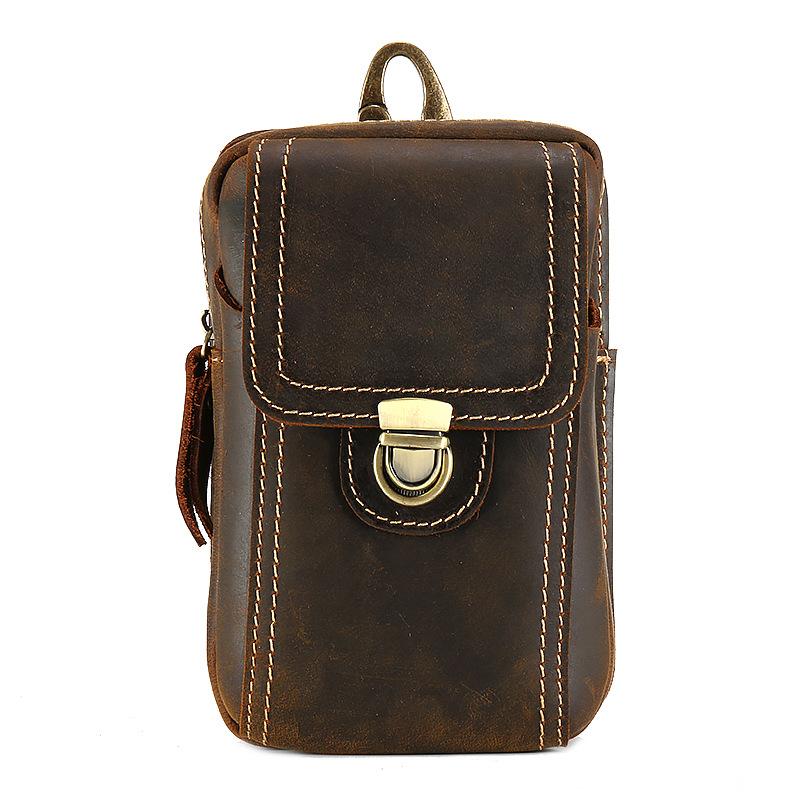 Real Leather Men s Bag, Crazy Horse Leather Waist Bag, Vertical Double-layer Phone Bag, Leather Pants Waist Hanging Bag