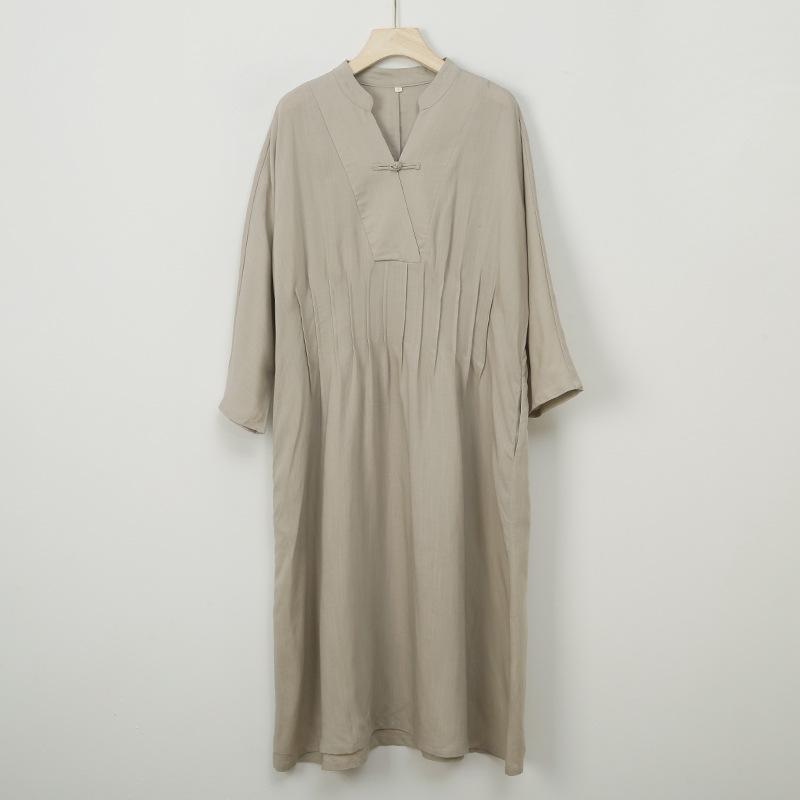 Johnature Women Vintage Dresses Stand Long Sleeve Spring Cloths Solid Color Fold Button A-Line Dresses