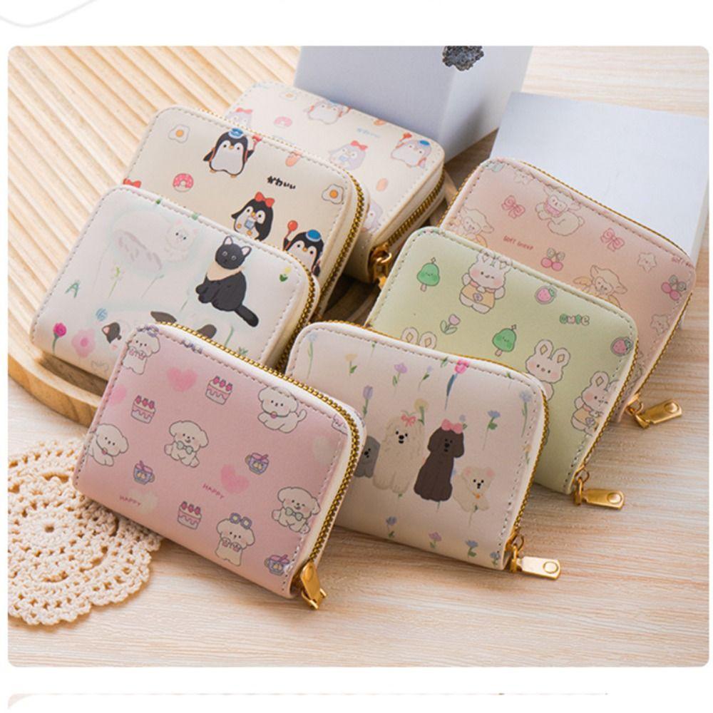 Cute Cartoon Print Mini Short Wallet Multi-slot PU Leather Organ Card Holder Lightweight Zipper Students Coin Purse