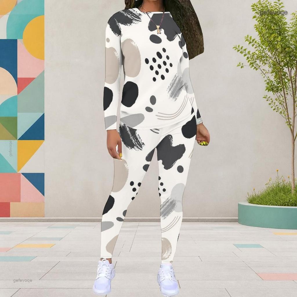 Women Plus Size Round Neck Long Sleeve Printed Top Fitted Pants Two Piece Set