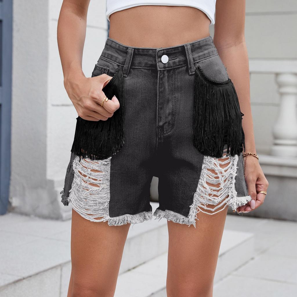 Pantaloni scurți de damă la modă, sexy, de culoare uni, din denim spălat cu franjuri