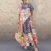 Plus Size Summer Loose Long Sleeve Round Neck Floral Print Casual Women's Holiday Beach Dress Vintage Style Maxi Dress