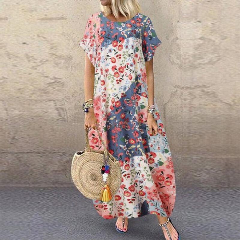 Plus Size Summer Loose Long Sleeve Round Neck Floral Print Casual Women's Holiday Beach Dress Vintage Style Maxi Dress