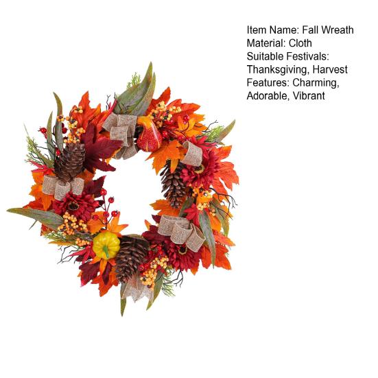 Artificial Fall Wreath 18 Inch Autumn Front Door Wreath with Sunflower Pumpkin Berries Pine Cones for Wall Window Thanksgiving Harvest Decor