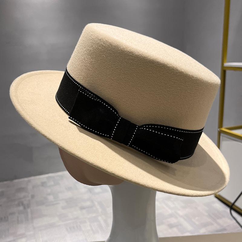 Fashion New Woolen Flat Hat Bow Decoration Personalized Elegant Top Hat Jazz Hat Versatile British Style Hat