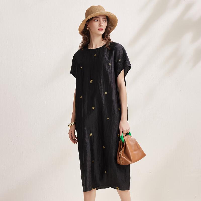 Women's Mulberry Silk Embroidered Short-Sleeve Dress