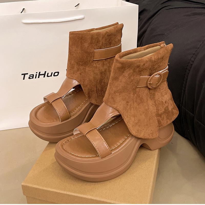 Fashion Fashion Height Increase Women Sandals Boots Fashion Hollow Out Open Toe Shoes Street Style Ladies Thick Heel Short Booties