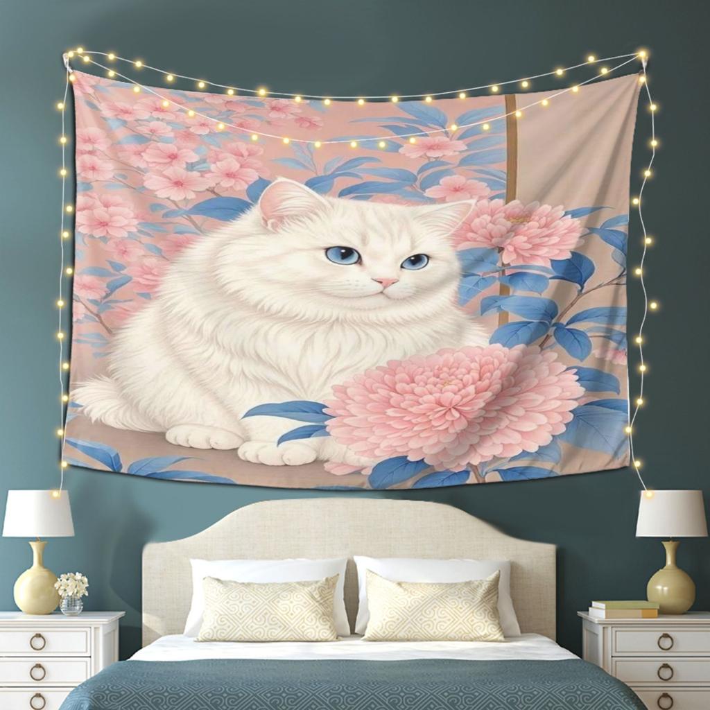 Bohemian Cat Floral Tapestry Wall Hanging Polyester Fabric Art Room Decor Aesthetic Cute Pet Print Background for Bedroom Living