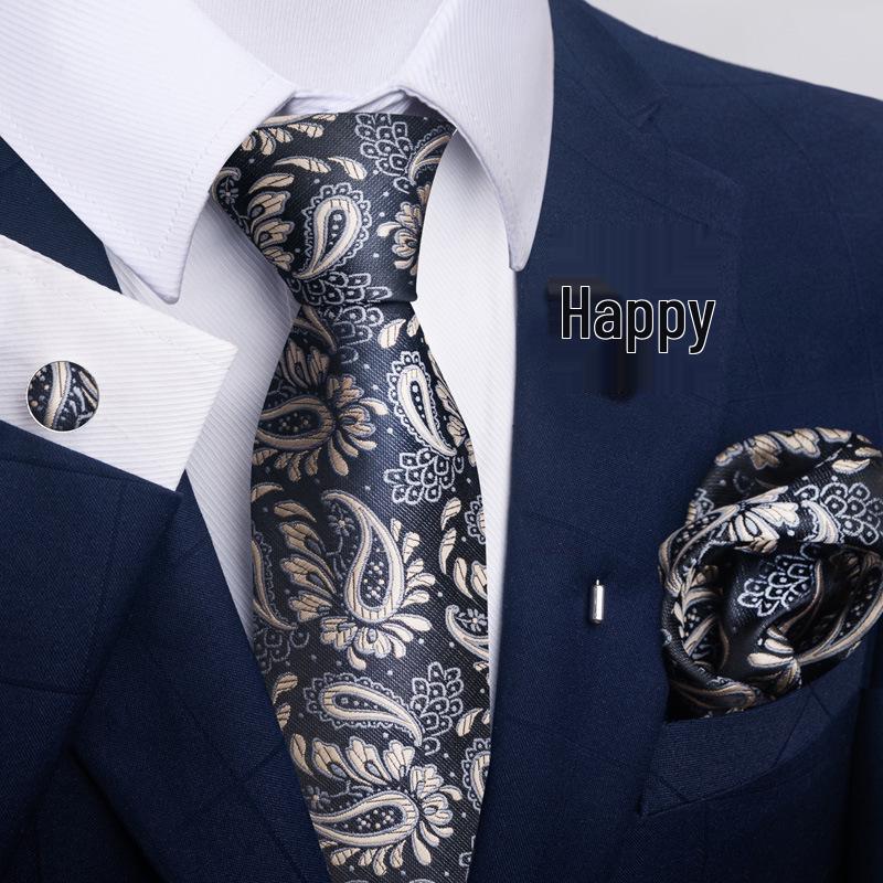 Brown Paisley Men's Tie, Pocket Square, Cufflinks & Boutonniere Set for Business Formal Wear.