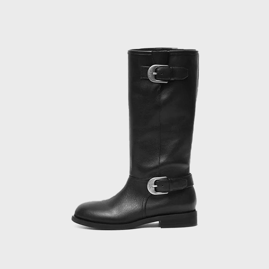 Pleated pile boots women's boots 2025 summer new metal buckle leather knight boots splicing retro western boots