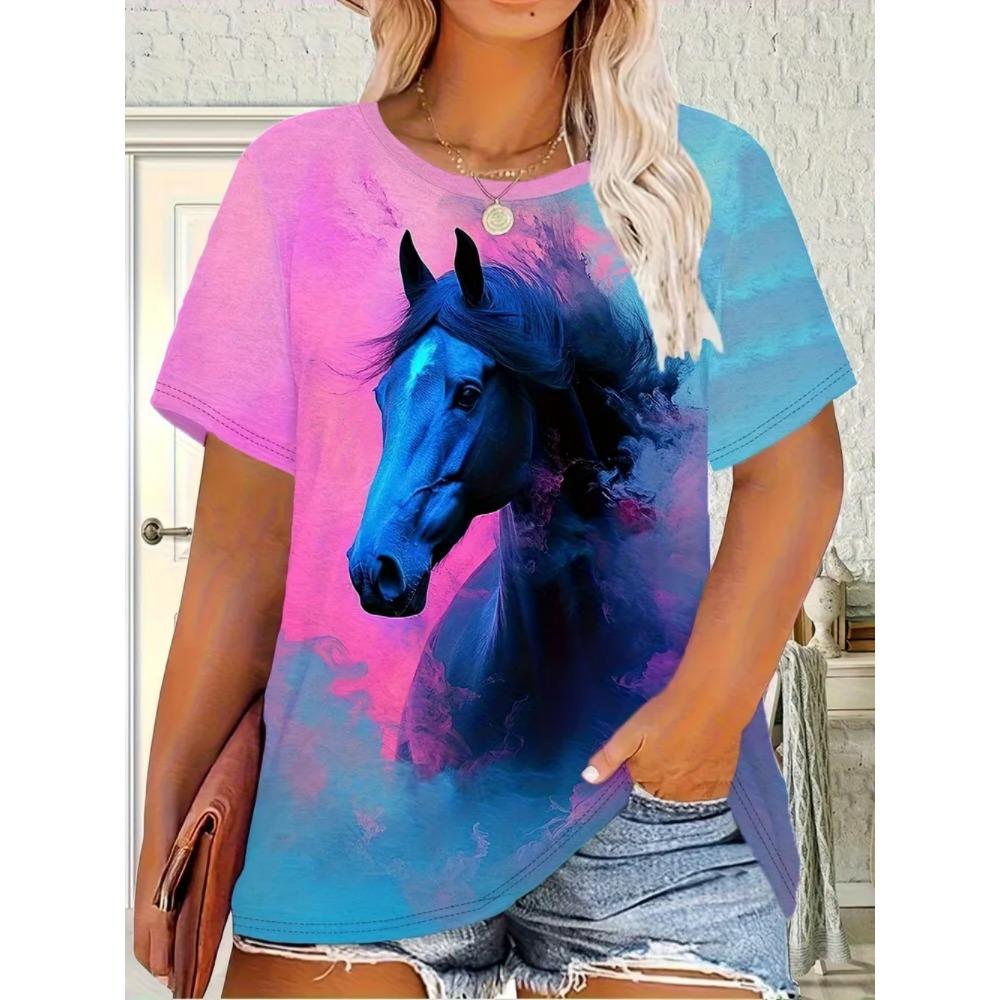 Summer Fashion Loose Oversized Breathable Soft Comfortable Horse 3D Printing Casual Women's Short Sleeve T-Shirt
