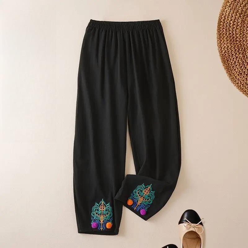 

Summer Romantic Chinese Style Classic Embroidery Pattern Women s Plus Size Casual Loose Linen and Hemp Lantern Pants M