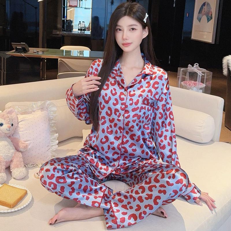 Ice Silk Pajamas Women'S Spring Thin Long-Sleeved Two-Piece Set, Sweet And Cool Loungewear Can Be Worn Outside