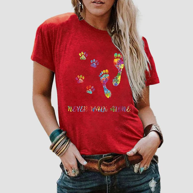 Modisches T-Shirt mit Aufdruck „Footprint“ für Damen, lustiges, lässiges T-Shirt mit O-Ausschnitt und kurzen Ärmeln, Sommer-T-Shirt für Damen
