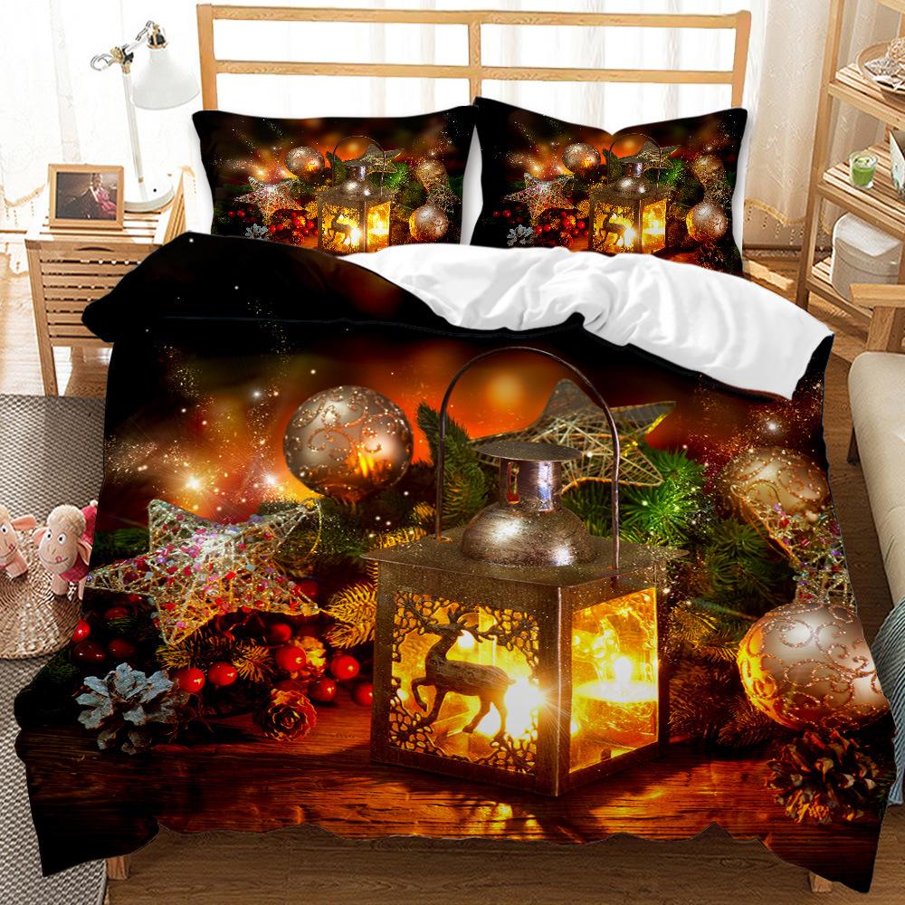 Red Christmas Bed Three-Piece Quilt Cover 3D Digital Printing Kit Bedding