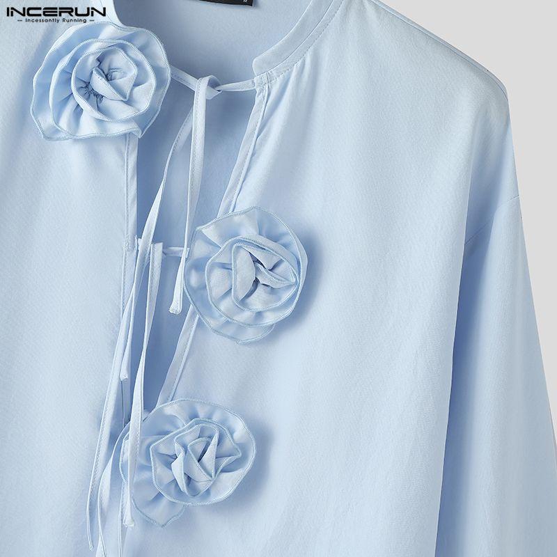 INCERUN Eleganti Camicie Casual da Uomo con Laccio al Collo, Maniche Lunghe, Fantasia Floreale