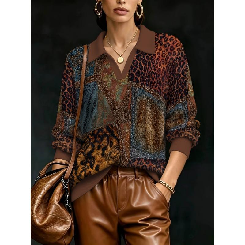 2026 New Women's Loose Printed Faux Wool Knitted Pullover Retro Leopard Print Spliced Lapel Top