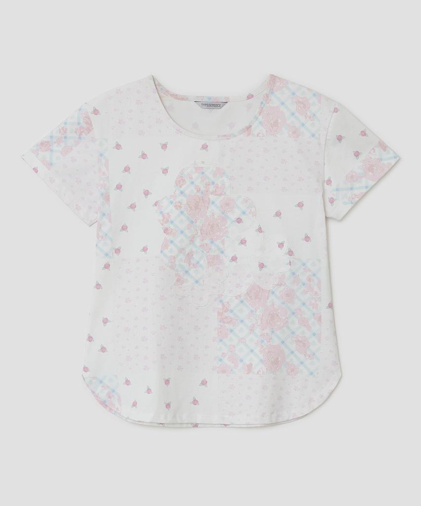 Taibseobiseu Flower Applique Curve Short Sleeve Top [Pink]