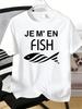Funny Je M En Fish Text With Minimal Fish Graphic Unisexs Cotton Crew Neck Short Sleeve Tee Casual Daily Top For Fishing Hobby Male