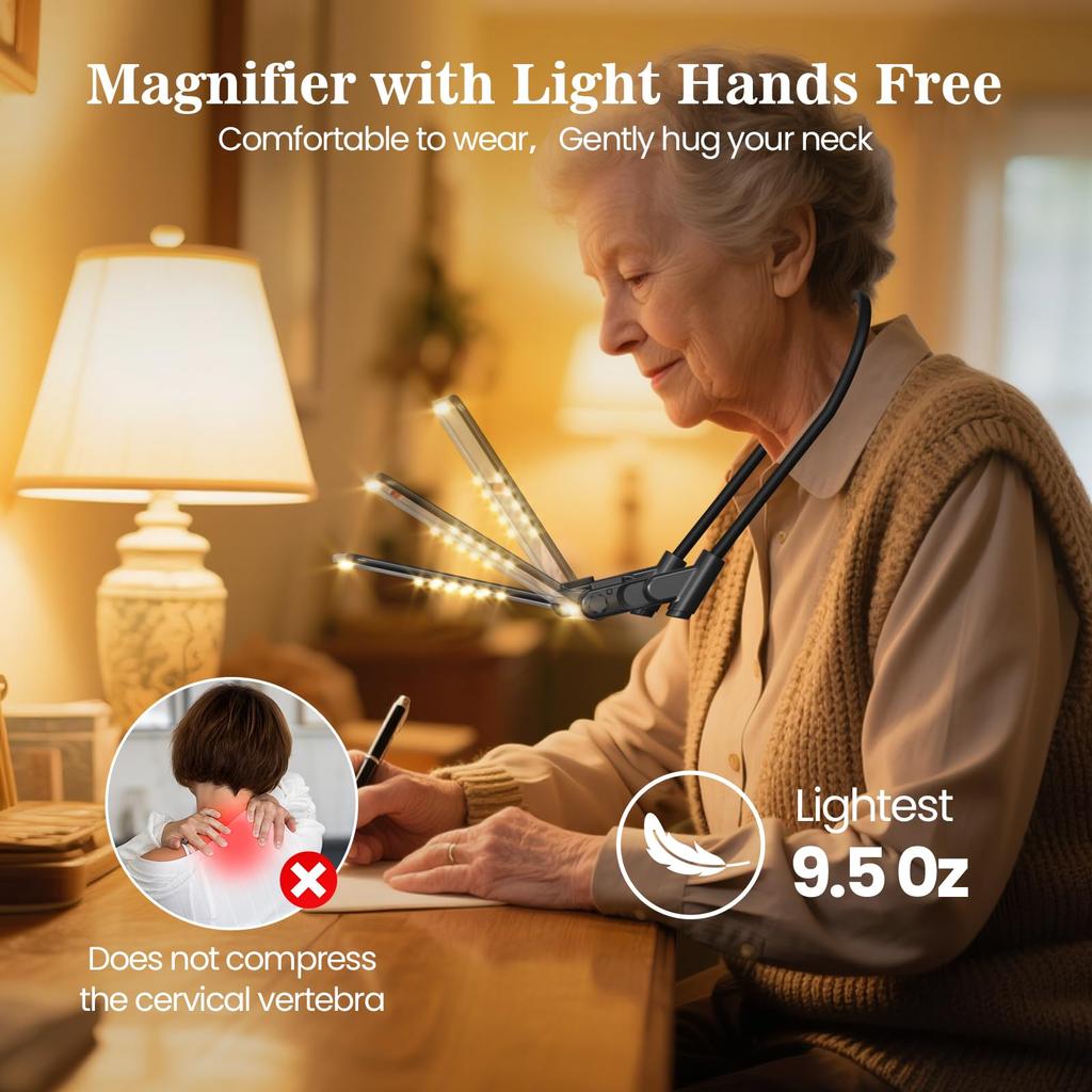 Rechargeable Foldable Neck Magnifier with LED Light, Hands Free Magnifying Glass for Close Work, Crafting, Repair, Low Vision