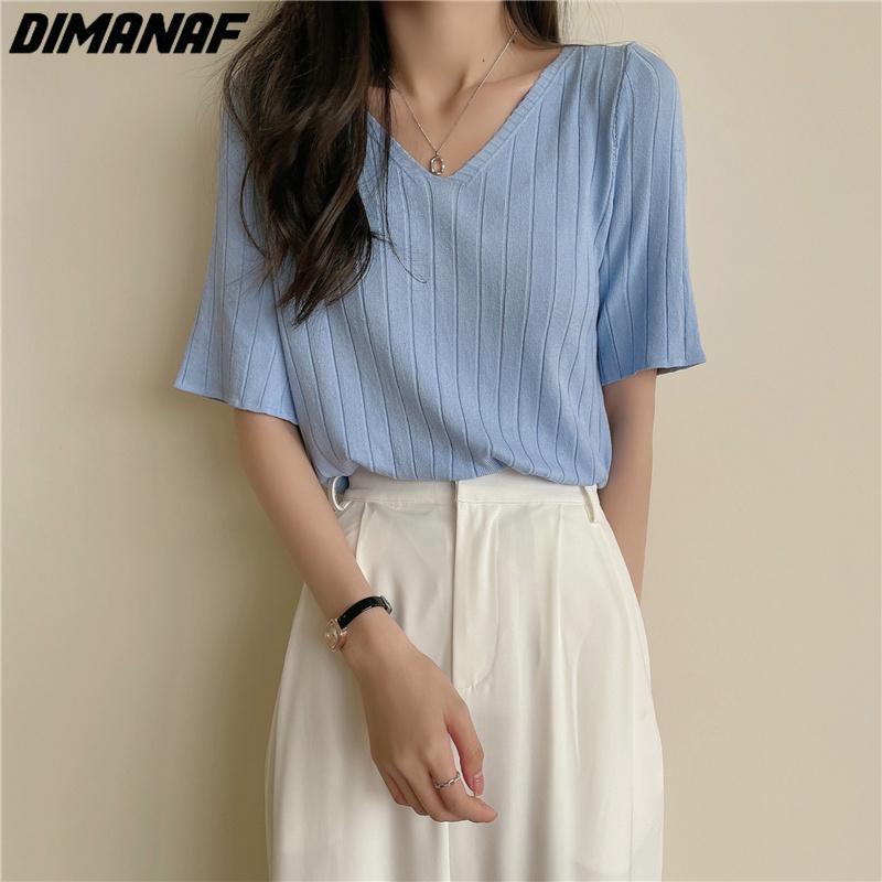 

DIMANAF женская футболка вязаный пуловер топы женская одежда трикотажные базовые футболки с v-образным вырезом 2023 однотонные футболки