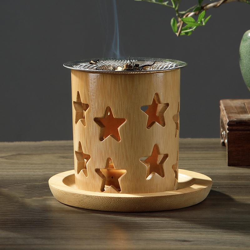 Bamboo Candle Holder Aromatherapy Heating Holder with Stainless Steel Strainer Incense Burner for Yoga SPA Aromatherapy