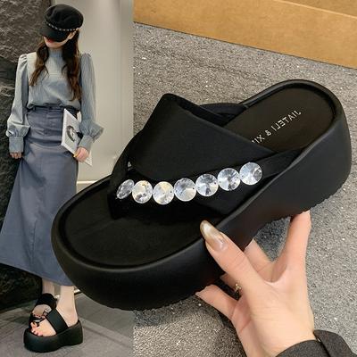 Fashion Thick Bottom Clip Toe Sandals Slippers Women Summer Outer Fashion Versatile Rhinestone Flip Flops Anti-slip Beach Shoes Slides