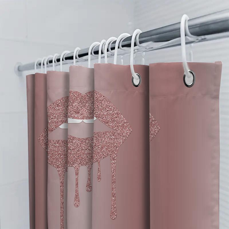 Luxury Glitter Lip Print Shower Curtain Set For Bathroom Decor Pink Rose Gold Metal Hook With Custom Name Monogram Gift