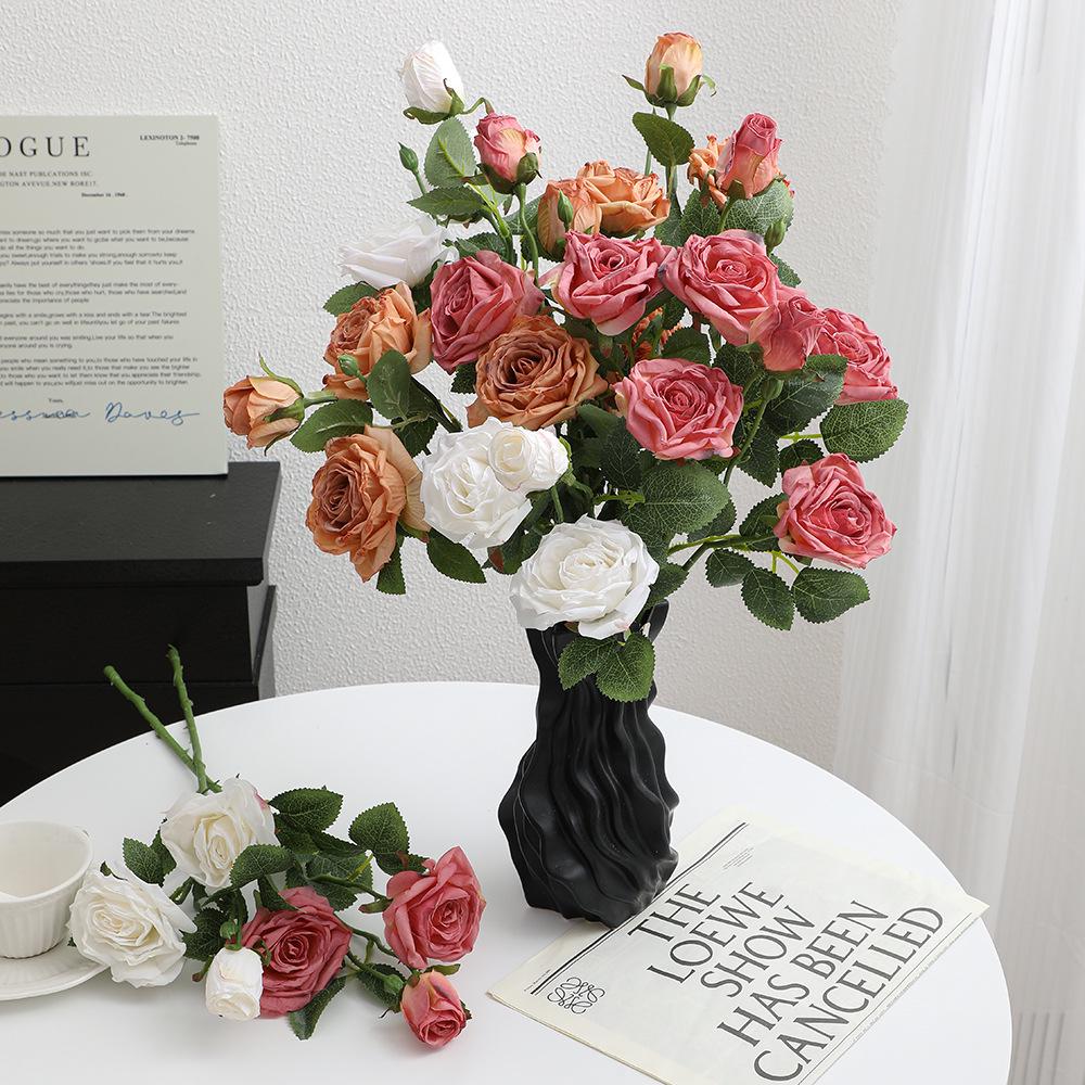 Scorched Edge 3-Head Artificial Rose, Retro Style Fake Flower for Home and Wedding Decoration, Photography Prop.
