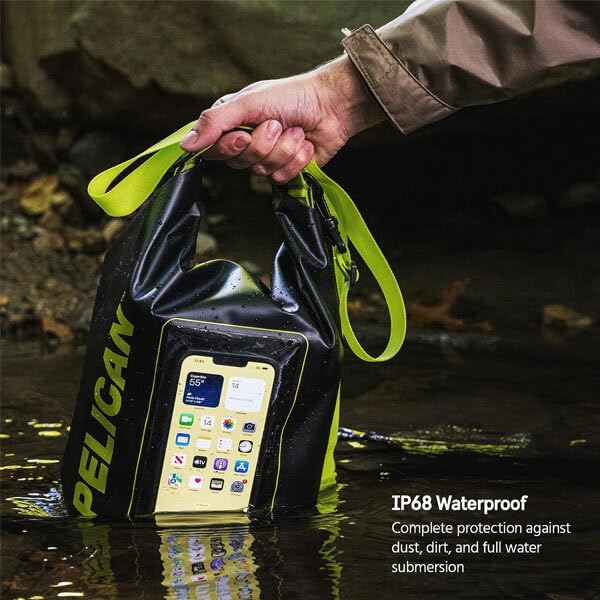 Pelican Marine Phone Dry Bag 5 Liters Green IP68 Compatible with Smartphones and Features a Smartphone Touchscreen and Detachable Shoulder Strap