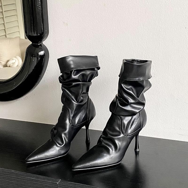 Fashion 2025 Red White Design Sexy Pleated Pointed Toe Zipper Women Ankle Boots Fashion Thin High Heels Stripper Modern Booties Shoes