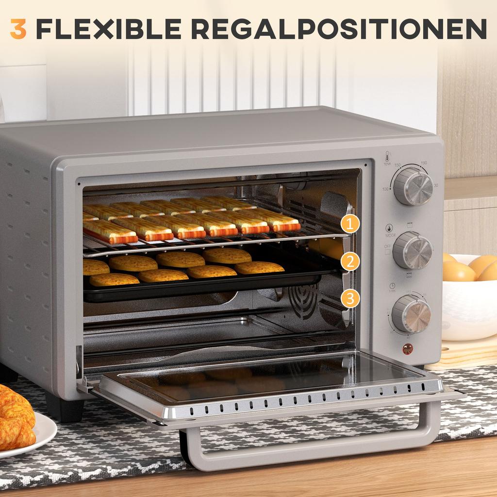 Mini Oven, 21 L Toaster Oven with 1 Wire Rack and 1 Baking Tray, 3 Cooking Modes, 100 Degrees C-230 Degrees C, Stainless Steel, Glass, Silver
