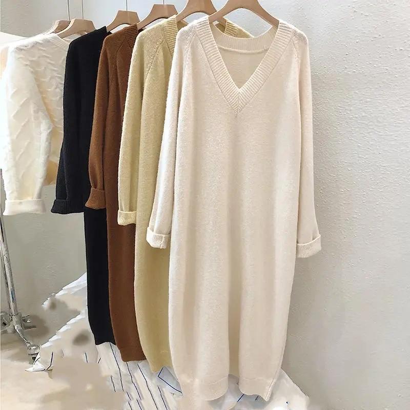 Plus Size Sweater Skirt Over The Knee Women's Autumn and Winter with Lazy Style Loose V-neck Bottoming Knitted Dress