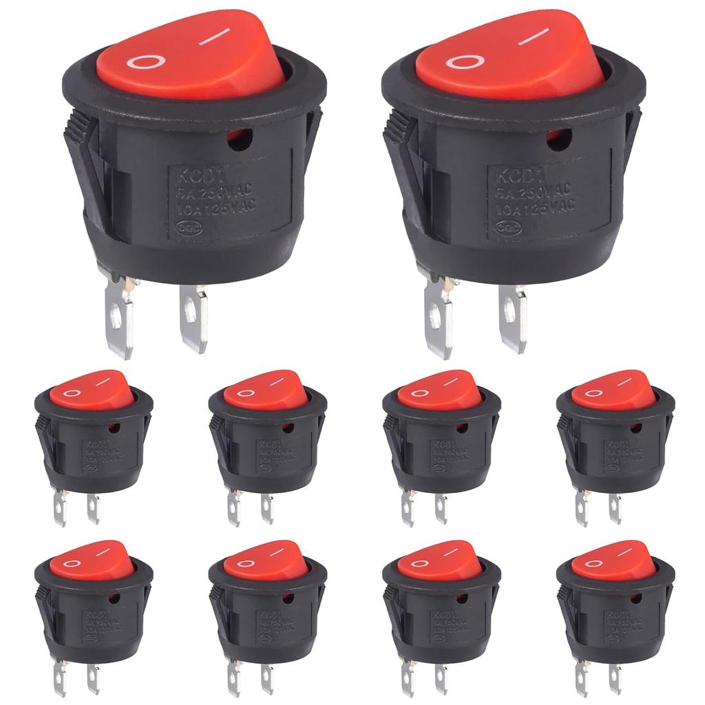 VEXUNGA Round Rocker Switch Red Light Illuminated On Off 3 Pin 2 Position Mini Rocker Switch 125V 10A 250V 6A KCD1 Small Circle Toggle Switches for