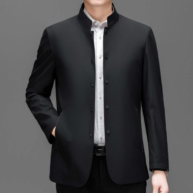 Frühling und Herbst Chinesische Tunikajacke Herren Casual Stehkragen Business Maulbeerseidenjacke mittleren Alters Papa Button-Up-Oberteil